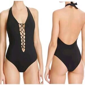 Red Carter Splice & Dice Plunge Lace Up One Piece Swimsuit Medium $155